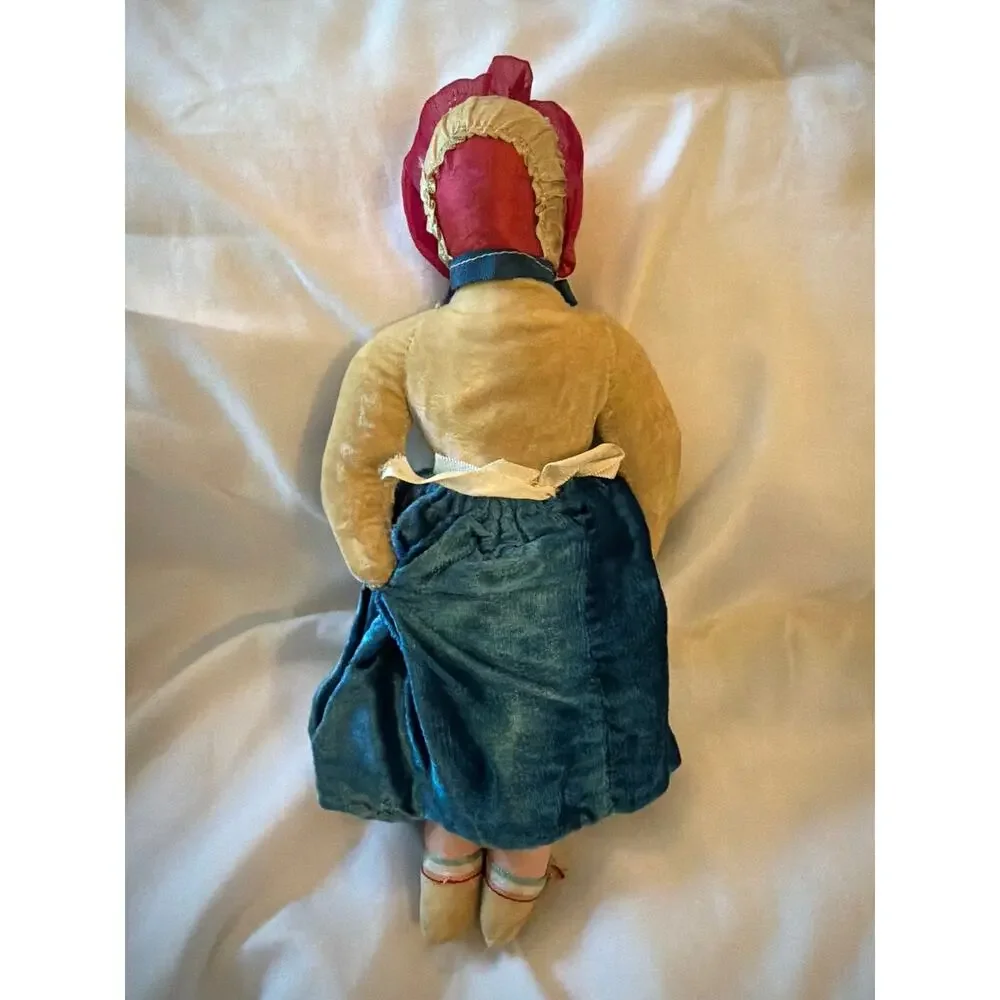 Vintage Cloth Doll Painted Face Bonnet Blue Velvet Dress Handmade 11